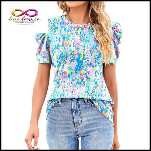 Tops - Puff Sleeve Eyelet Blouse Loose Fit Summer Casual Chic Crewneck Top
